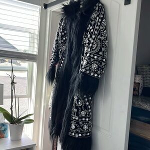 NWT Talisman Brand, Velvet Embroidered Bead Faux Fur Trim Coachella Coat